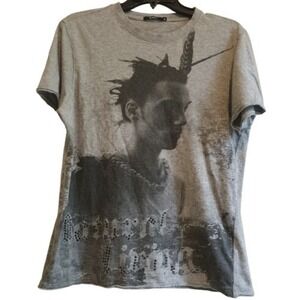 Bossini Graphic T-Shirt Medium Gray‎ Natural Born Print Rhinestone Punk Goth Alt